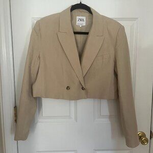 Zara Blazer Womens Large Beige Linen Blend Cropped Jacket